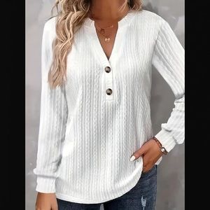 White Textured V-Neck Top small